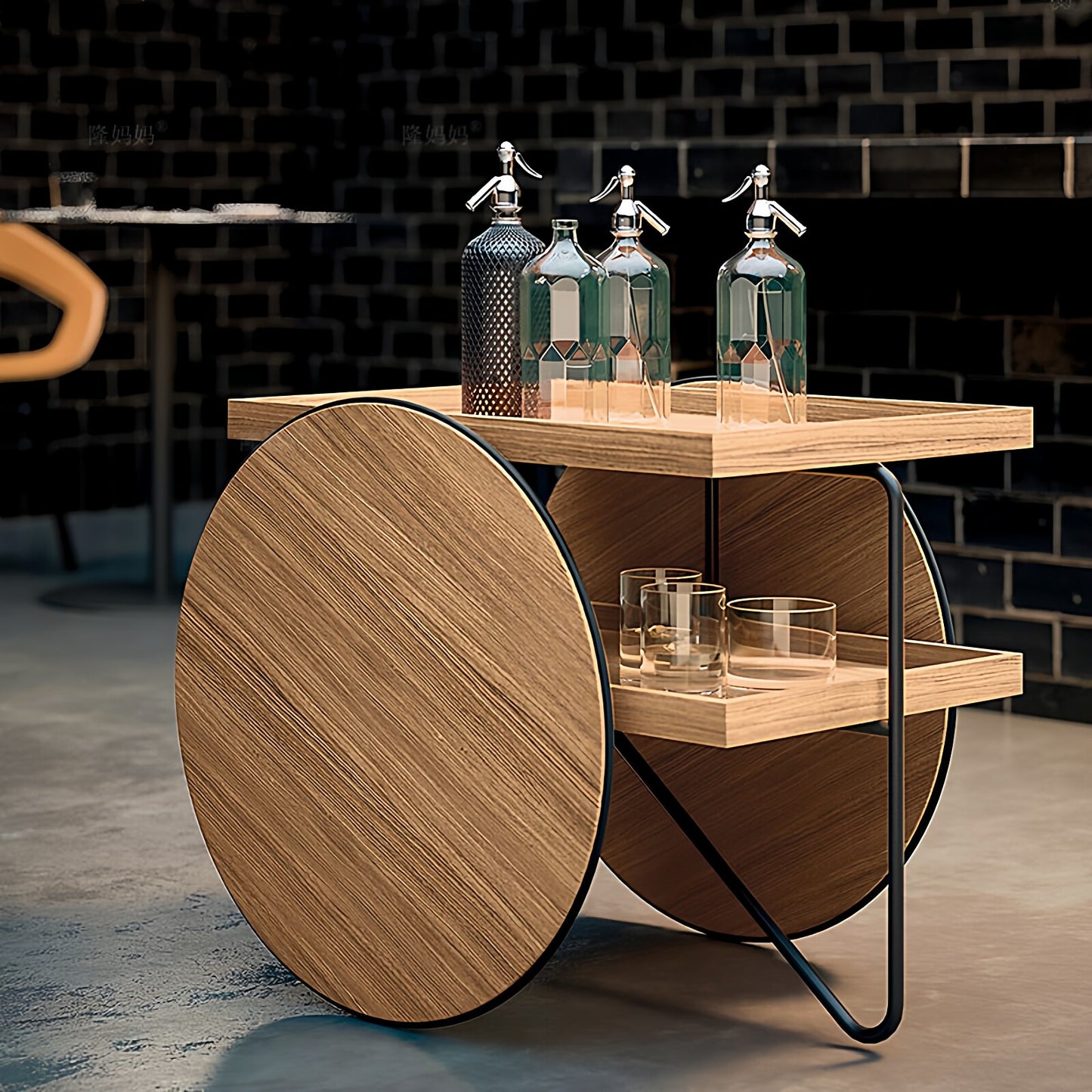Natural Wood Bar Cart Style Side Table, Stationary Beverage and Wine Storage Cabinet with Iron Frame, Tray Top and Fixed Wheel Design for Living Room, Dining Room and Kitchen