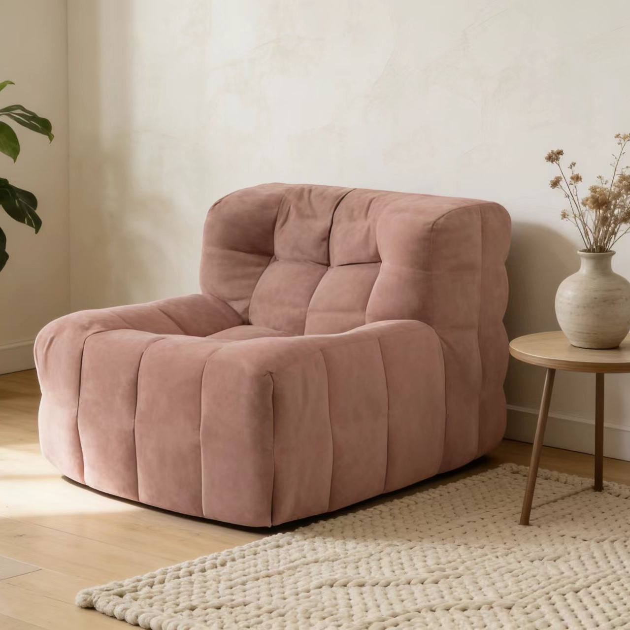 Pink Corduroy Single Lounge Chair, Plush Upholstered Lazy Sofa