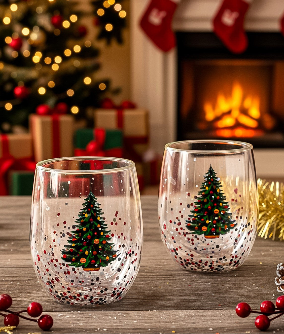 Christmas Double Wall Glass Coffee Mug Set of 2, 10 oz Insulated Clear Drinking Glasses with Christmas Tree Design for Coffee, Tea, Latte, Milk, Hot and Cold Beverages