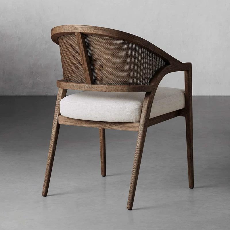 French Cane Back Dining Chair, Solid Wood Armchair with Cream Upholstered Seat, Rattan Accent Chair for Dining Room, Kitchen, Restaurant, Cafe, Living Room
