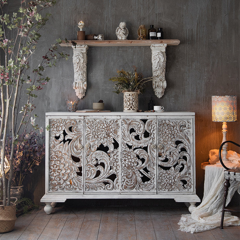 Distressed White Carved Wood Sideboard with 4 Doors, Floral Storage Cabinet