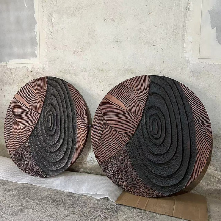 Round Carved Wood Wall Art, 3D Abstract Geometric Wall Sculpture, 39.4 Inch