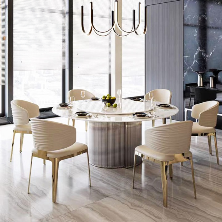 Cream Faux Leather Dining Chair with Pleated Back and Gold Metal Legs