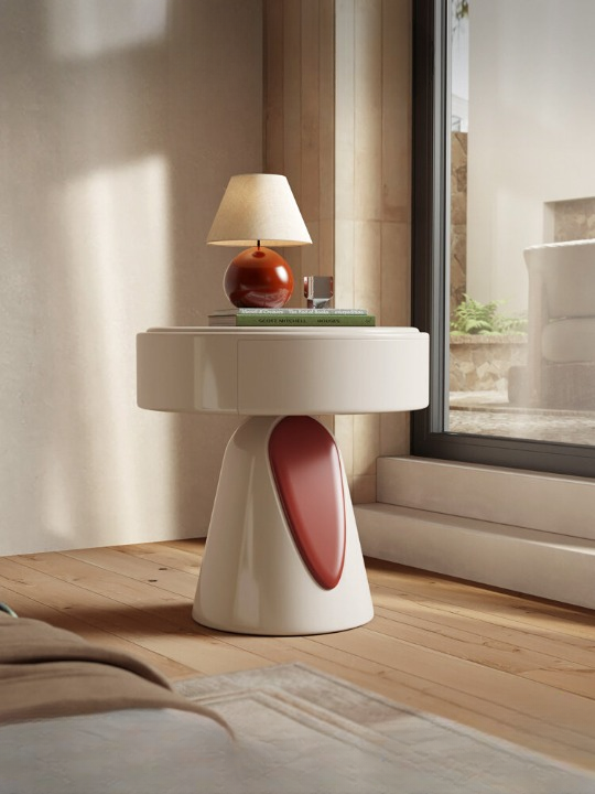 Cream White Round Nightstand, 17.7 Inch Modern Bedside Table with Drawer and Sculptural Base, Glossy Accent Storage Cabinet for Bedroom, Guest Room, Apartment, Dorm, and Small Spaces