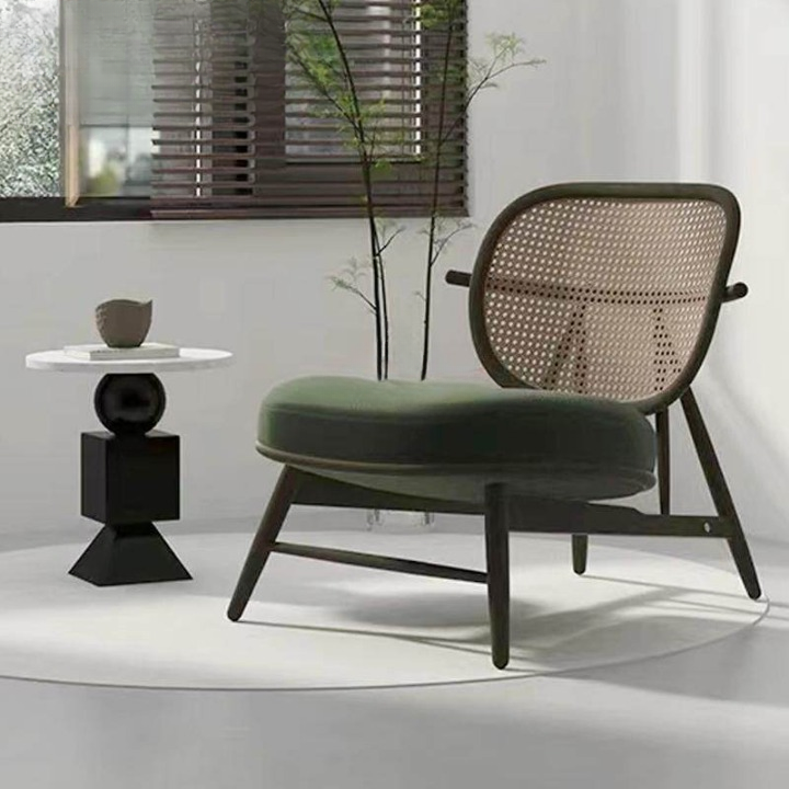 Rattan Cane Back Accent Chair, Solid Wood Lounge Chair with Green Cushioned Seat, Nordic Mid Century Modern Reading Chair, Low Profile Woven Back Armchair for Living Room Bedroom Balcony