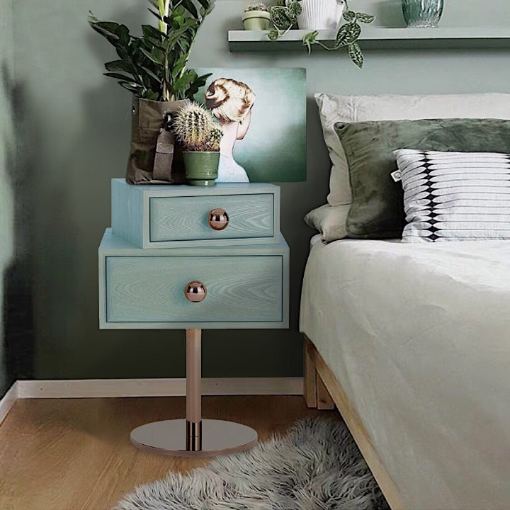 Teal Swivel Nightstand with 2 Drawers and Gold Pedestal