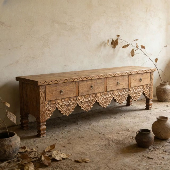 Carved Solid Wood TV Stand, 4-Drawer Rattan Media Console