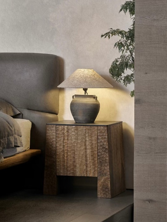 Walnut Brown Wood Nightstand with Black Sintered Stone Top, One-Door Bedside Table with Open Base Niche, Wabi-Sabi Rustic Accent Cabinet for Bedroom, Guest Room and Living Room