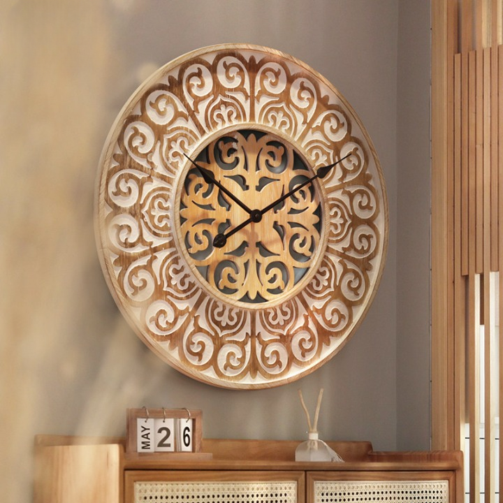 Carved Wooden Wall Clock, Moroccan Style Round Decor