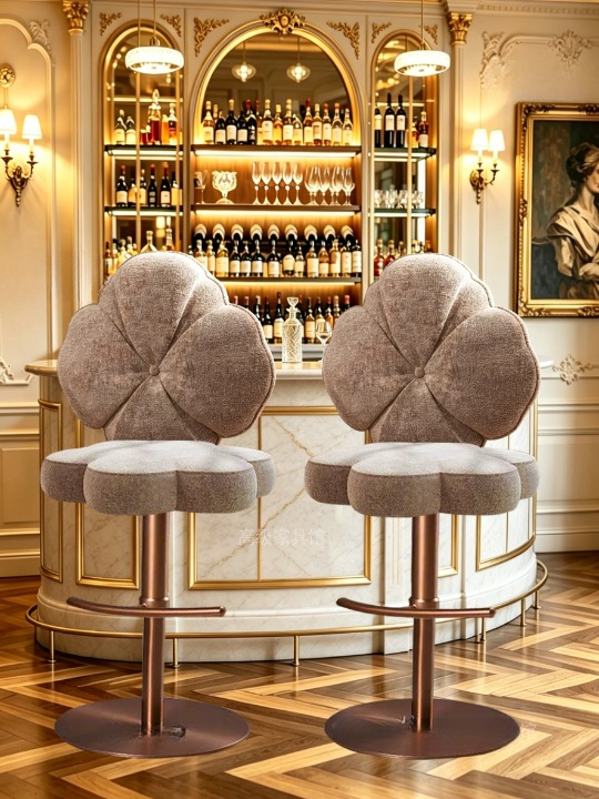 Champagne Chenille Bar Stool, Flower Back, 304 Stainless Steel Base