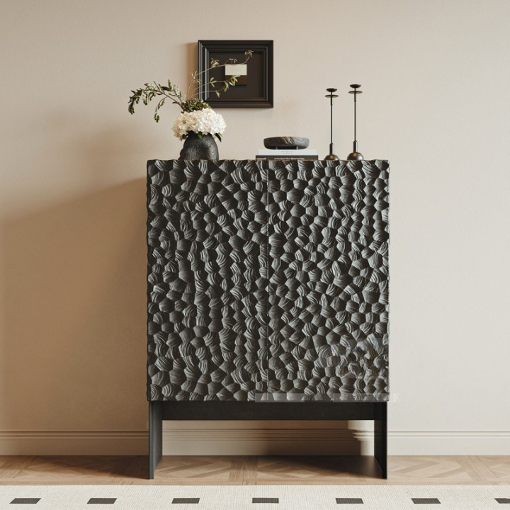 Black Solid Oak Accent Cabinet, Textured 2-Door Storage