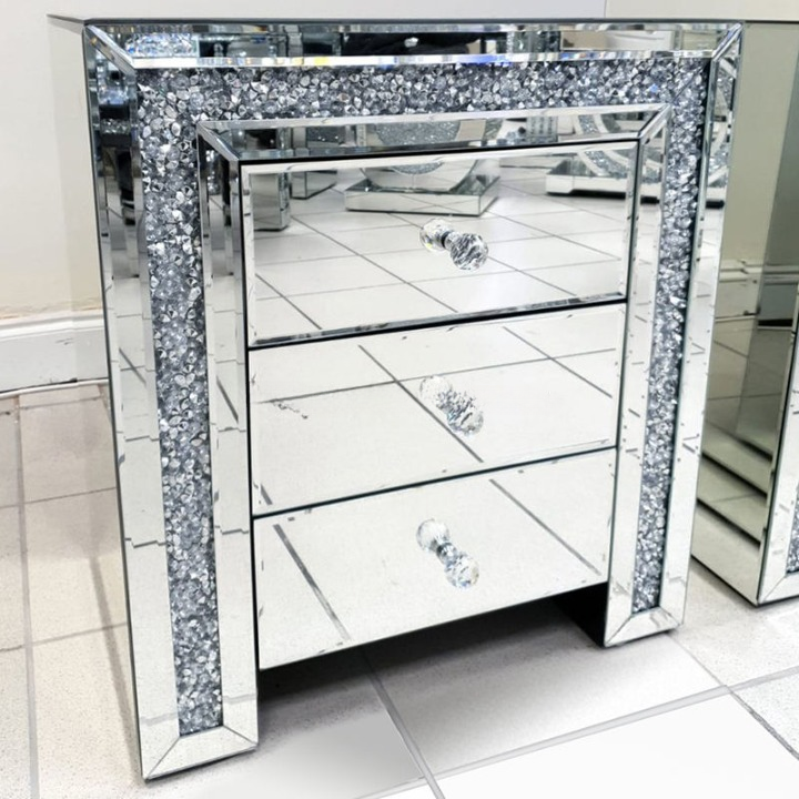 Silver Mirrored Nightstand, 3-Drawer Bedside Table with Crystal Trim