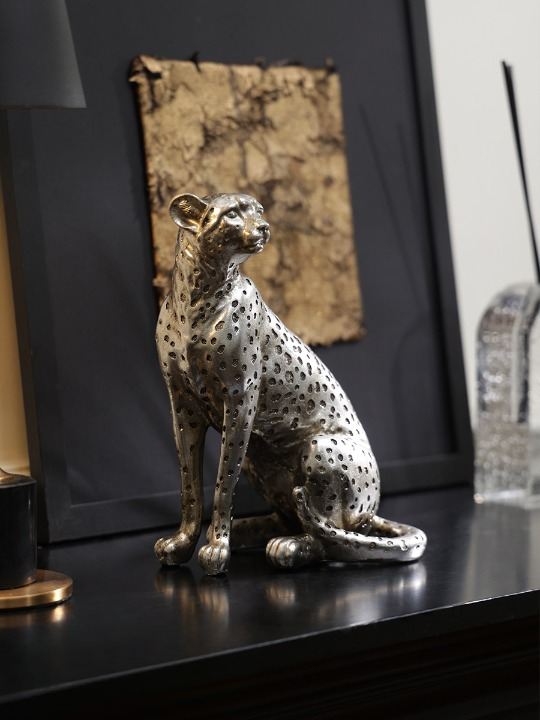 Silver Resin Leopard Sculpture, Spotted Sitting Big Cat Figurine with Metallic Textured Finish for Living Room, Entryway, Office Desk, Bookshelf, Console Table or Housewarming Gift