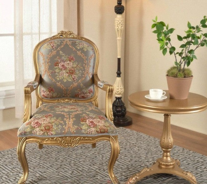 Blue Embroidered Accent Chair, French Style Carved Solid Wood Armchair with Gold Trim, Luxury Upholstered Dining Chair for Living Room, Bedroom, Office, Lounge, Vanity
