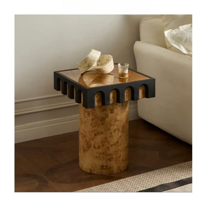 Burl Wood Look Side Table, Square Pedestal End Table with Black Arched Edge, Wabi Sabi Accent Table for Living Room, Sofa, Bedroom or Lounge