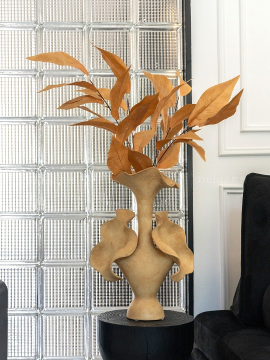 Large Sculptural Ceramic Vase, Mustard Yellow Floral Decorative Vessel