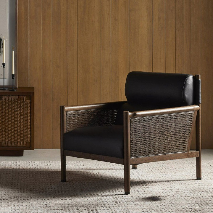 Walnut Wood Cane Accent Chair, Black Upholstered Lounge Armchair with Rattan Woven Side Panels, Modern Asian Inspired Single Sofa Chair for Living Room, Bedroom, Hotel, Reception Area and Reading Nook