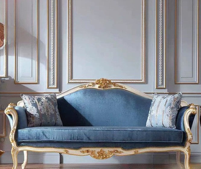 Blue Velvet Loveseat Sofa, French Style Carved Solid Wood Upholstered Settee with Gold Finish Frame and Accent Pillows, Luxury 2 Seater Couch for Living Room, Bedroom, Lounge, Reception