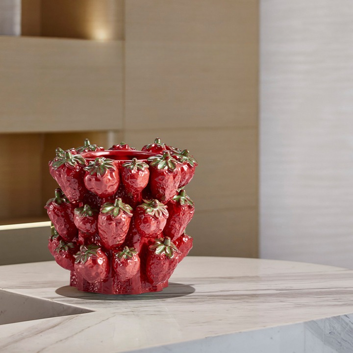 Red Strawberry Ceramic Planter Pot, Fruit-Shaped Decorative Flower Vase and Cachepot, Glossy Sculptural Tabletop Accent for Living Room, Bedroom, Entryway, Hotel and Display Spaces