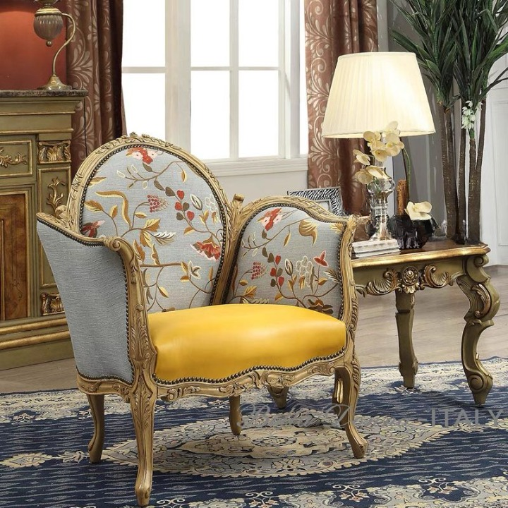 Green Floral Accent Chair, Carved Solid Wood French Country Armchair