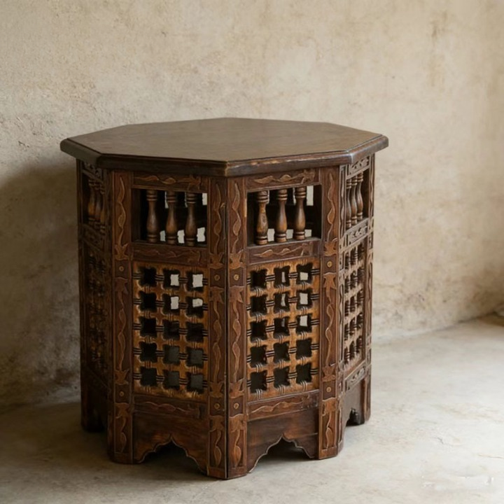 Hand-Carved Solid Wood Accent Side Table, Octagonal End Table with Open Baluster Shelves and Rustic Brown Finish for Living Room, Lounge or Entryway