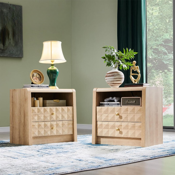 Natural Wood Finish Nightstand Set of 2 with 2 Drawers and Open Shelf