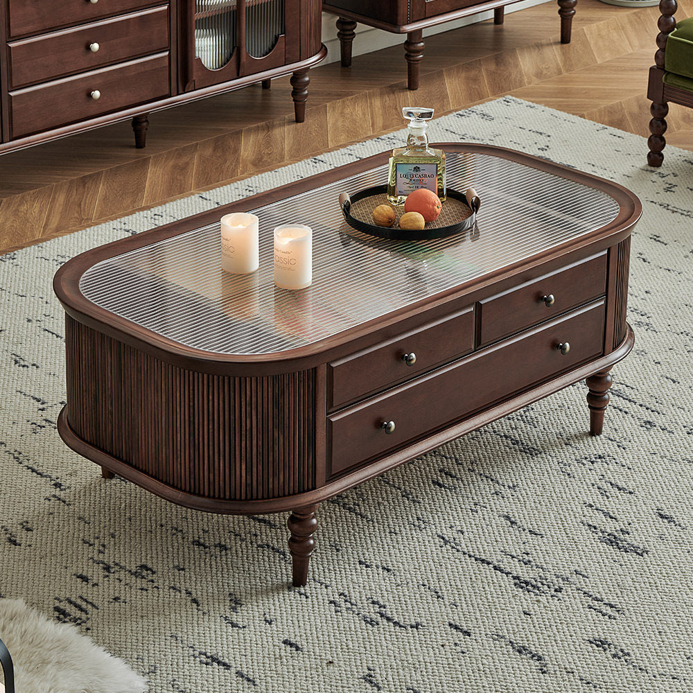 Oval Pine Wood Coffee Table with Tempered Glass Top, Vintage Style Living Room Center Table with Drawers, Fluted Side Panels and Turned Legs, Brown Storage Tea Table for Home