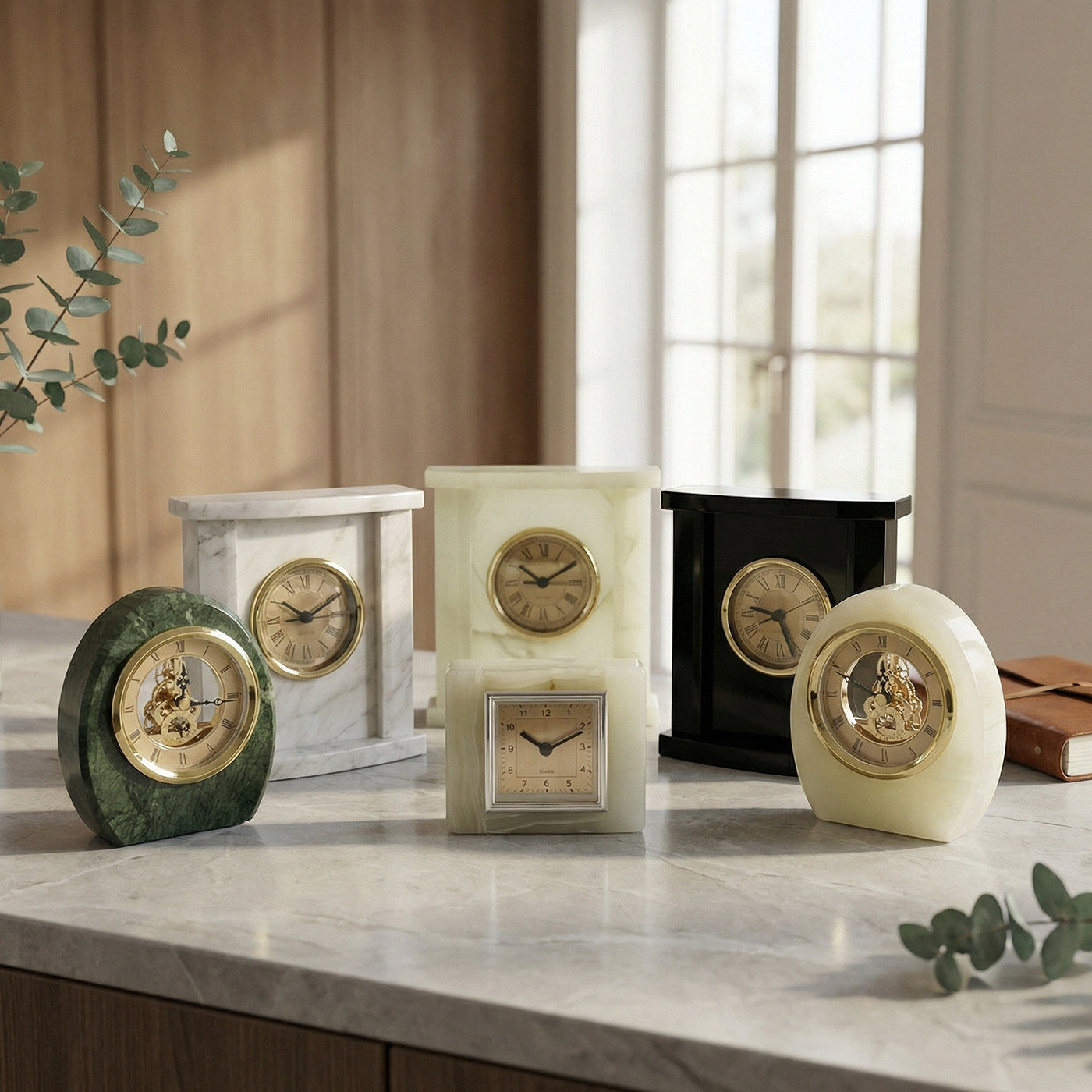 Ivory Natural Marble Mantel Clock, Gold-Tone Roman Numeral Quartz Table Clock, Decorative Stone Desk Clock for Living Room, Fireplace, Office, Bedroom and Shelf