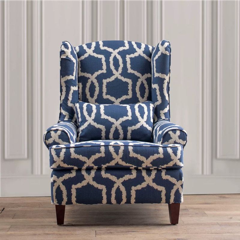 Blue Geometric Wingback Accent Chair with Lumbar Pillow and Wood Legs