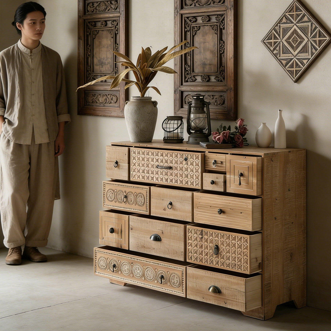 Solid Wood 12-Drawer Storage Chest, Rustic Carved Accent Cabinet