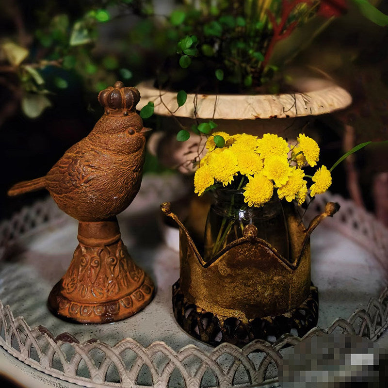 Cast Iron Crowned Bird Figurine for Garden and Home Decor