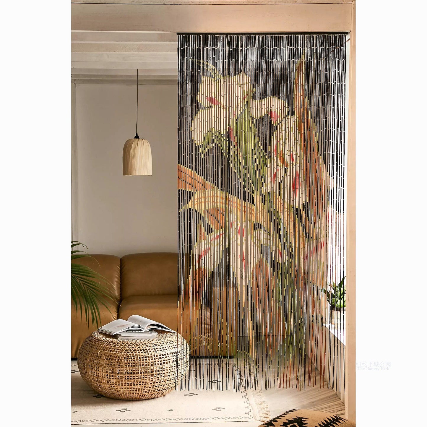 Iris Flower Bamboo Door Curtain, 35 x 79 Inch Floral Hanging Room Divider, Decorative Bamboo Beaded Curtain for Doorway, Closet, Entryway, Patio, Living Room, Bedroom