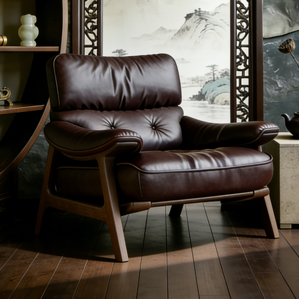 Mid Century Modern Lounge Armchair with Solid Wood Frame, Upholstered Reading Chair for Living Room, Bedroom, Study and Balcony