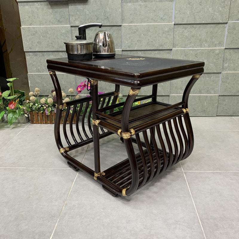 Smart Tea Table with Electric Kettle, Storage Shelves, Wood and Rattan Base
