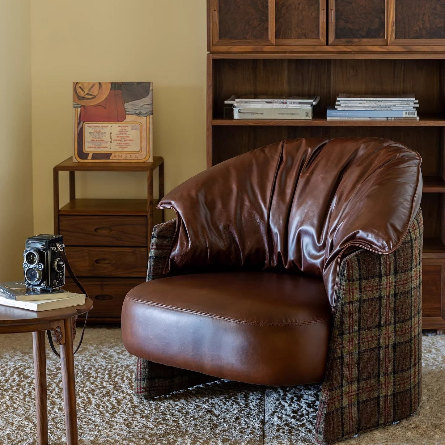 Vintage Brown Leather Accent Chair with Plaid Upholstered Sides