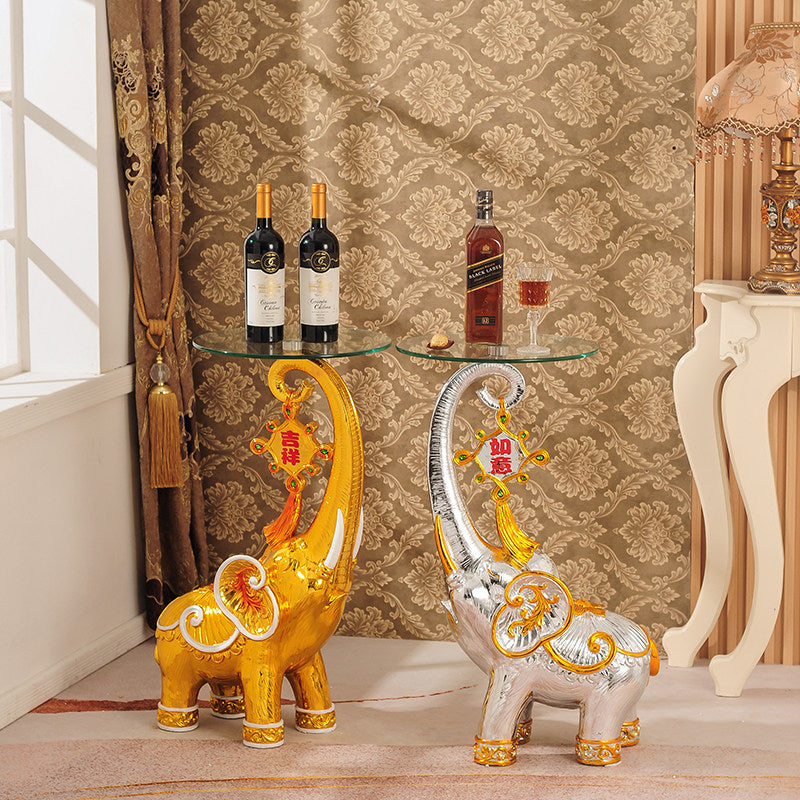 Elephant Side Table with Glass Top, Silver and Gold Decorative Elephant Statue End Table, 30.7 Inch Accent Table for Living Room, Entryway, Sofa Side, Bedroom, Office, Housewarming Gift, and Home Decor