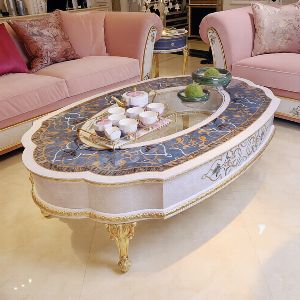 Luxury Oval Coffee Table with Decorative Glass Top, Classic French Italian Style Center Table, Elegant Wood Living Room Cocktail Table with Gold Carved Legs