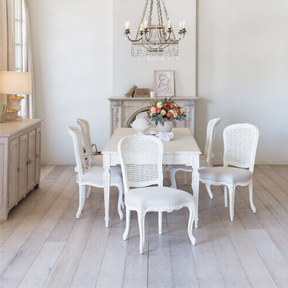 Vintage White Cane Back Dining Chair, Carved Solid Wood Side Chair with Upholstered Seat, Rustic Accent Chair for Dining Room, Vanity, Office and Bedroom