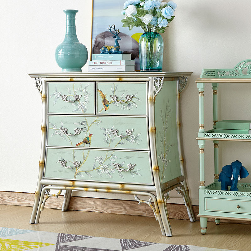 Green Solid Wood 4-Drawer Chest, Painted Floral Bird Dresser with Sculptural Branch Handles and Bamboo-Style Frame for Bedroom, Living Room, Entryway or Hallway