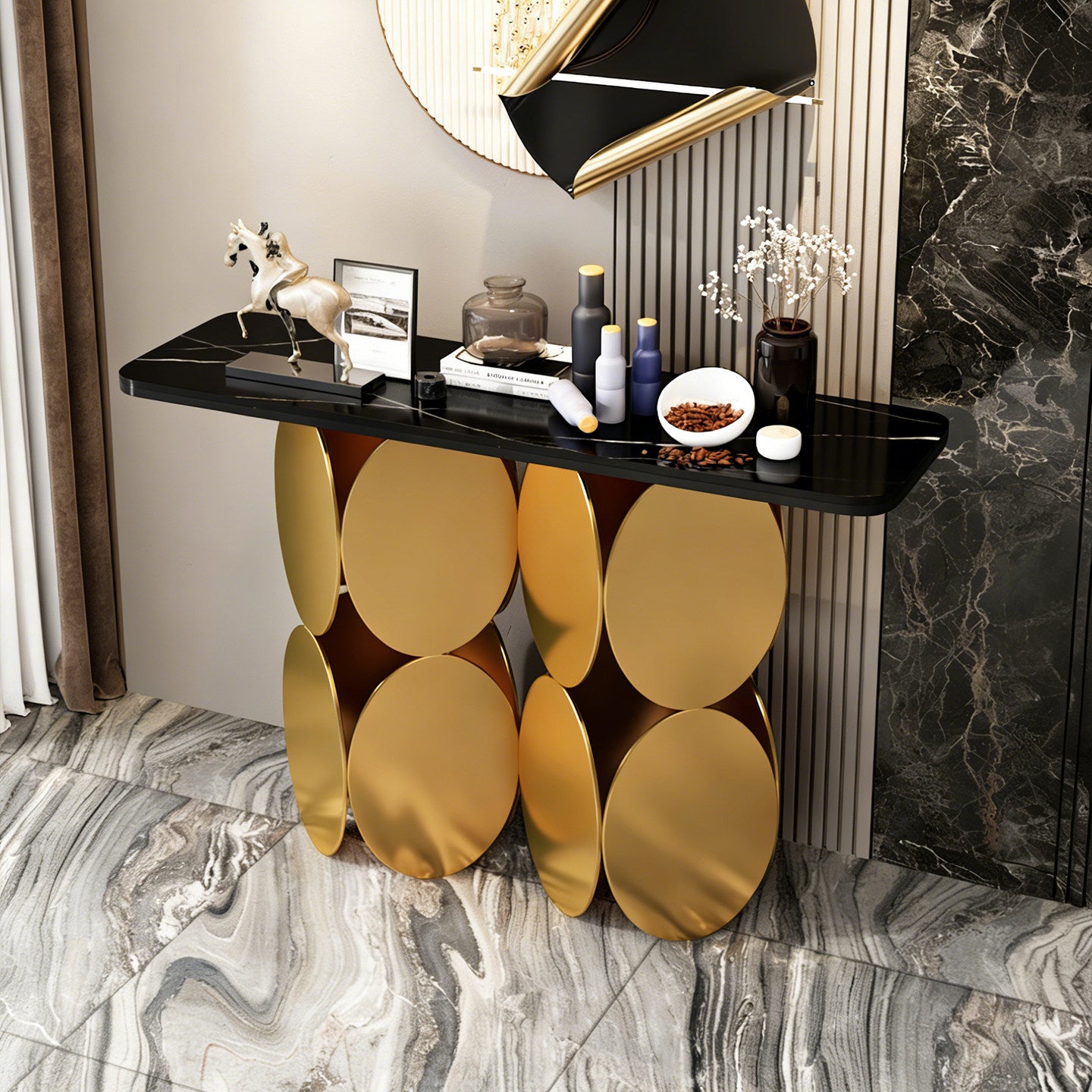 Rose Gold Console Table, Black Sintered Stone Top