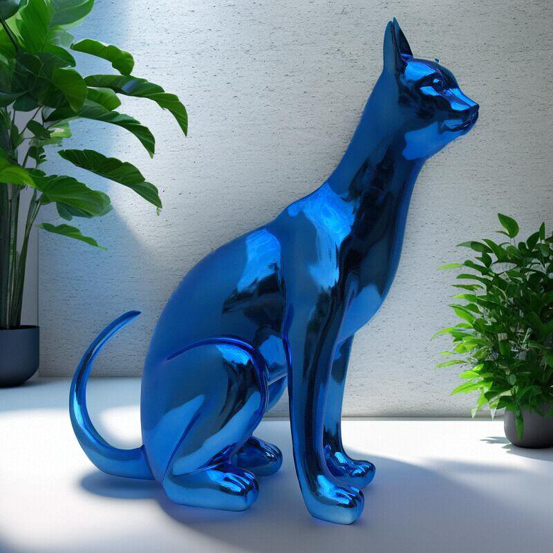 Blue Chrome Abstract Cat Sculpture, Small Sitting Resin Cat Statue, Electroplated Modern Animal Figurine for Living Room, Bar, Boutique Window Display, Gallery, Entryway, Luxury Home Decor