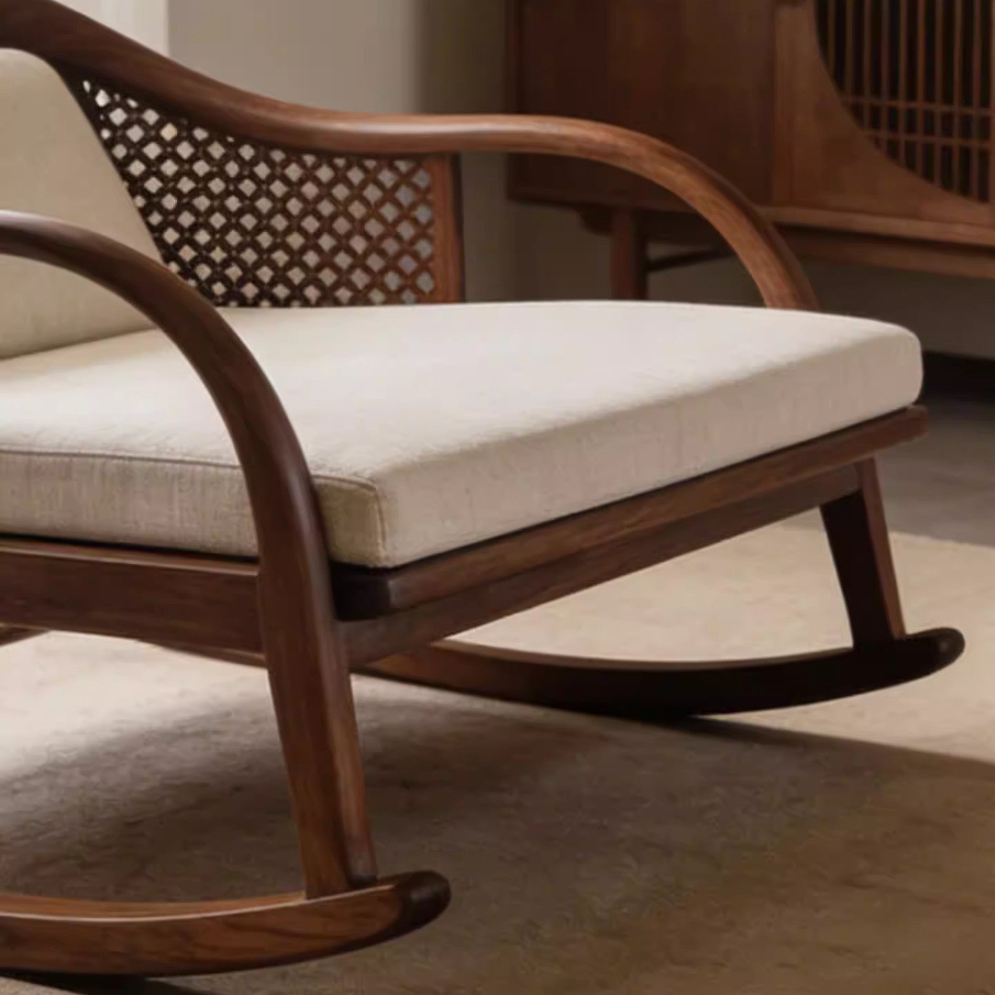 Solid Ash Wood Rocking Chair with Cushions, Walnut Finish