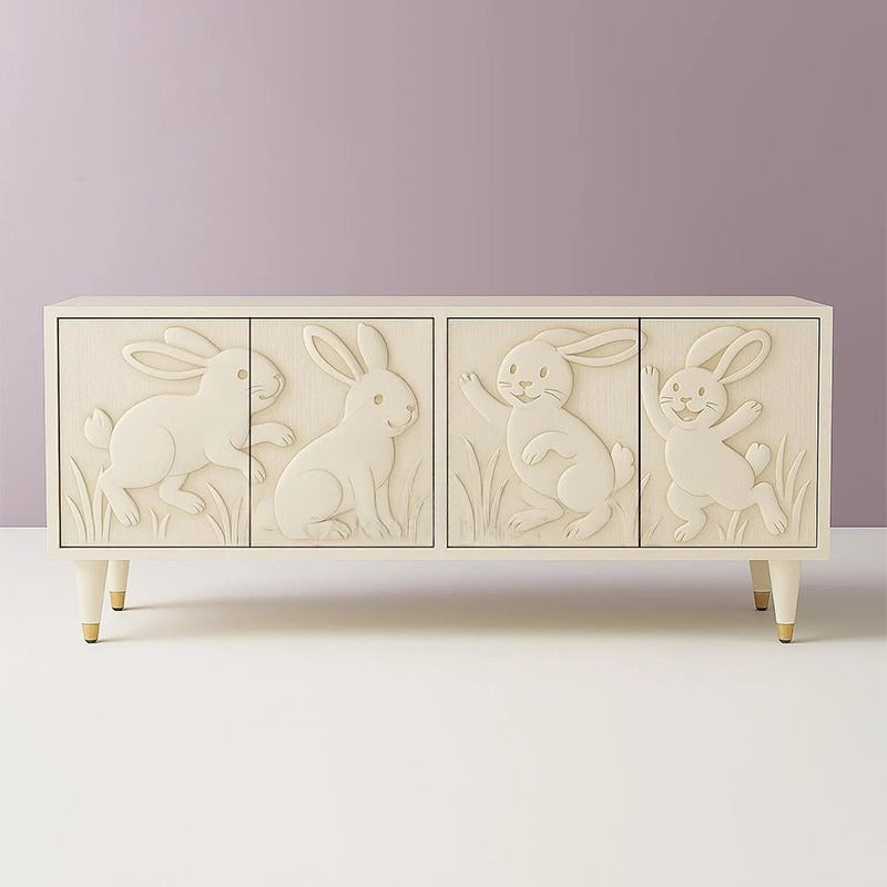 Cream Carved Rabbit TV Stand, French Country Solid Wood Media Console, 4 Door Storage Cabinet with Shelves for Living Room, Kids Room, Nursery, Bedroom