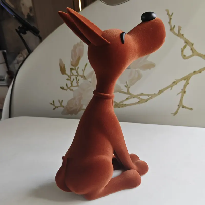 Flocked Resin Dog Statue, Orange Sitting Dog Figurine, Velvet Look Animal Sculpture for Living Room, Entryway, Bookshelf, Office Desk, Villa, Club, Housewarming Gift, and Home Decor