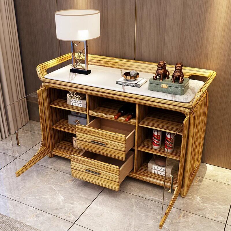 Wenge Wood Sideboard with Marble Top, Glass Doors and Drawers