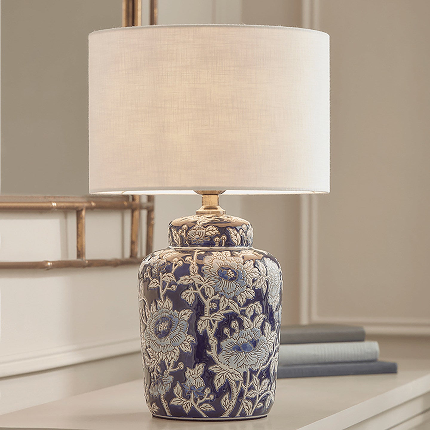 Blue Floral Ceramic Table Lamp with White Fabric Shade, Peony Relief Bedside Lamp with E27 Socket and Button Switch, Decorative Nightstand Lamp for Bedroom Living Room Study