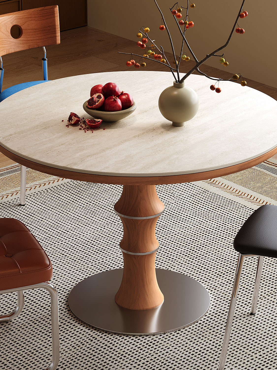 Round Pedestal Dining Table, Travertine Look Sintered Stone Kitchen Table with Wood Tone Center Base and Metal Foot, Modern Small Dining Table for Apartment, Breakfast Nook, Dining Room, and Cafe
