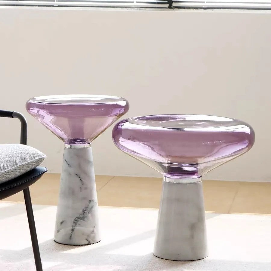 Purple Glass Side Table With Marble Base for Living Room Bedroom