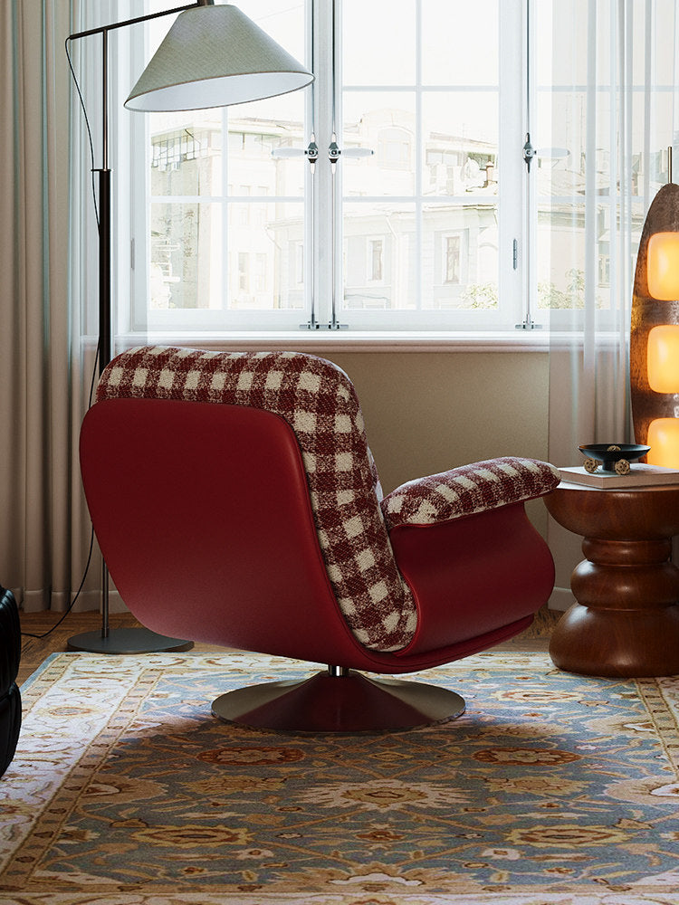 Red Plaid Swivel Accent Chair with Cushioned Arms and Metal Base