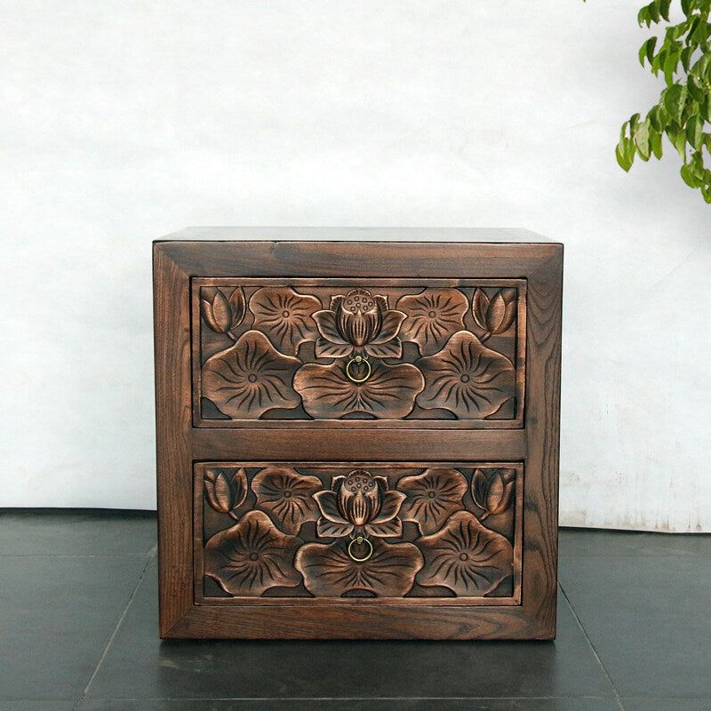 Hand-Carved Solid Wood Nightstand with 2 Drawers, Lotus Floral Bedside Table with Antique Ring Pulls, Dark Brown Accent Cabinet for Bedroom, Living Room or Guest Room